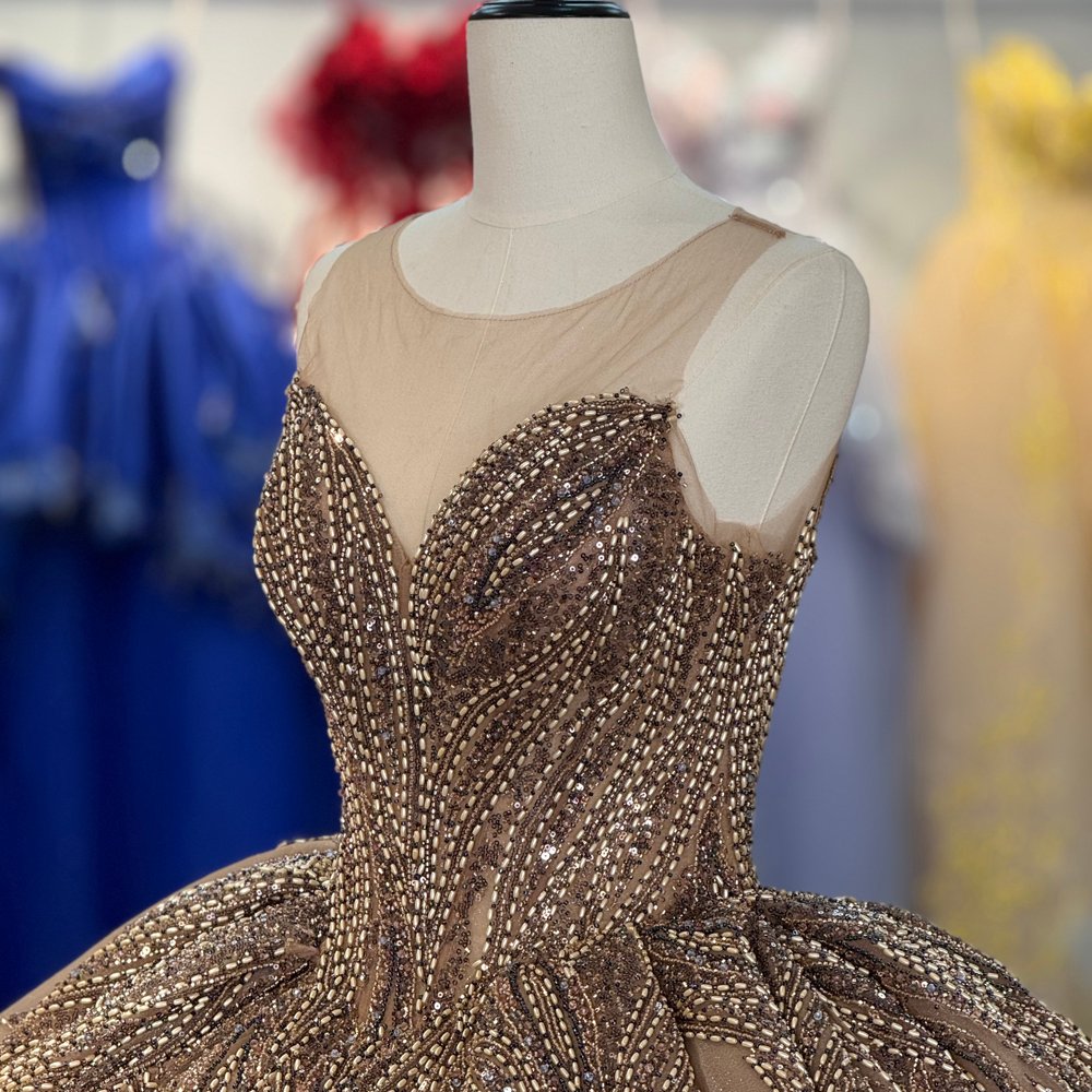 Stunning Nude Gold Sparkly Sweetheart Beaded Quinceanera Dress Ball Gown Long Train - Image 3