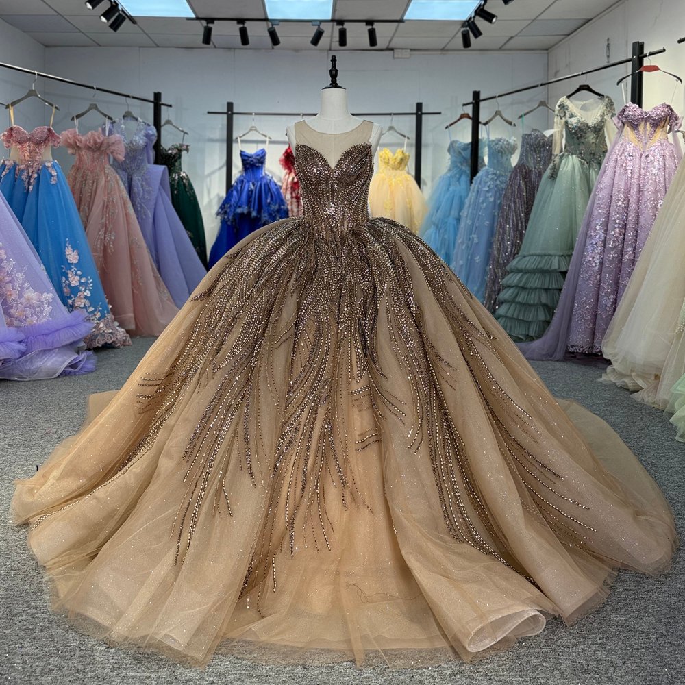 Stunning Nude Gold Sparkly Sweetheart Beaded Quinceanera Dress Ball Gown Long Train
