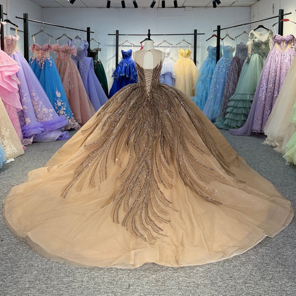 Stunning Nude Gold Sparkly Sweetheart Beaded Quinceanera Dress Ball Gown Long Train - Image 2