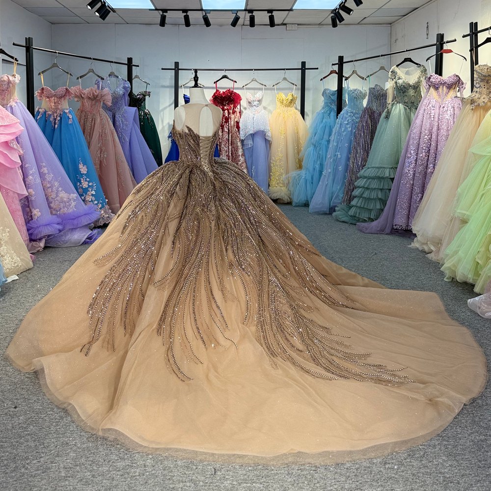 Stunning Nude Gold Sparkly Sweetheart Beaded Quinceanera Dress Ball Gown Long Train - Image 6