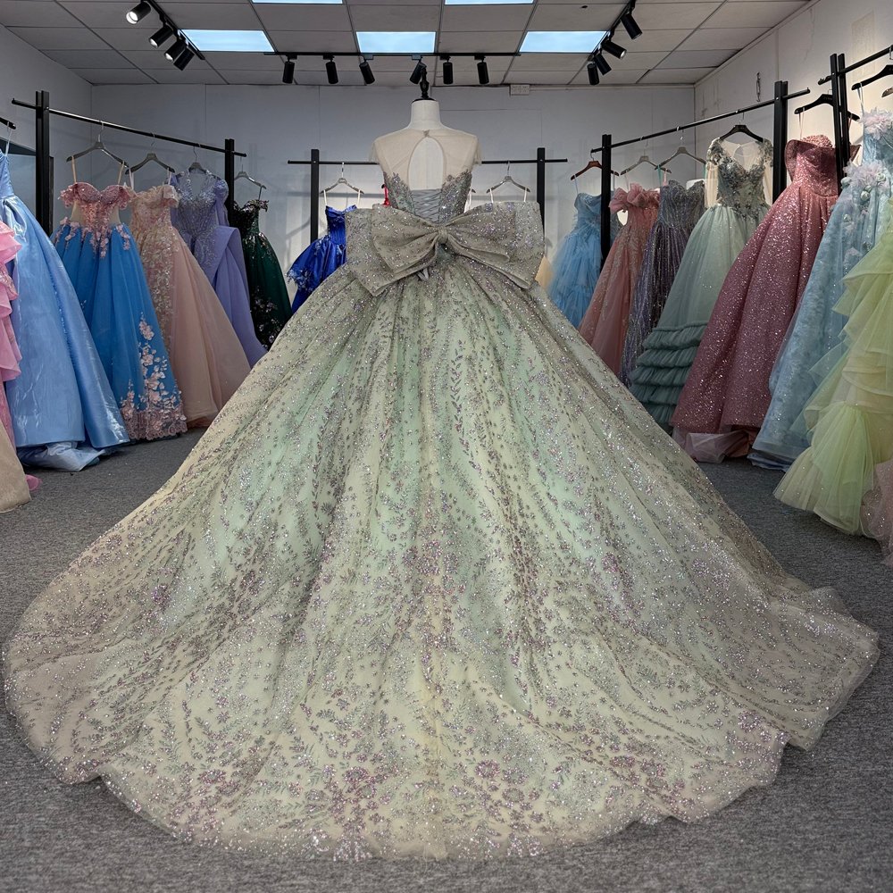 Spectacular Mint Green Sparkly Glitter Big Bow Quinceanera Dress Ball Gown Evening Dresses - Image 2