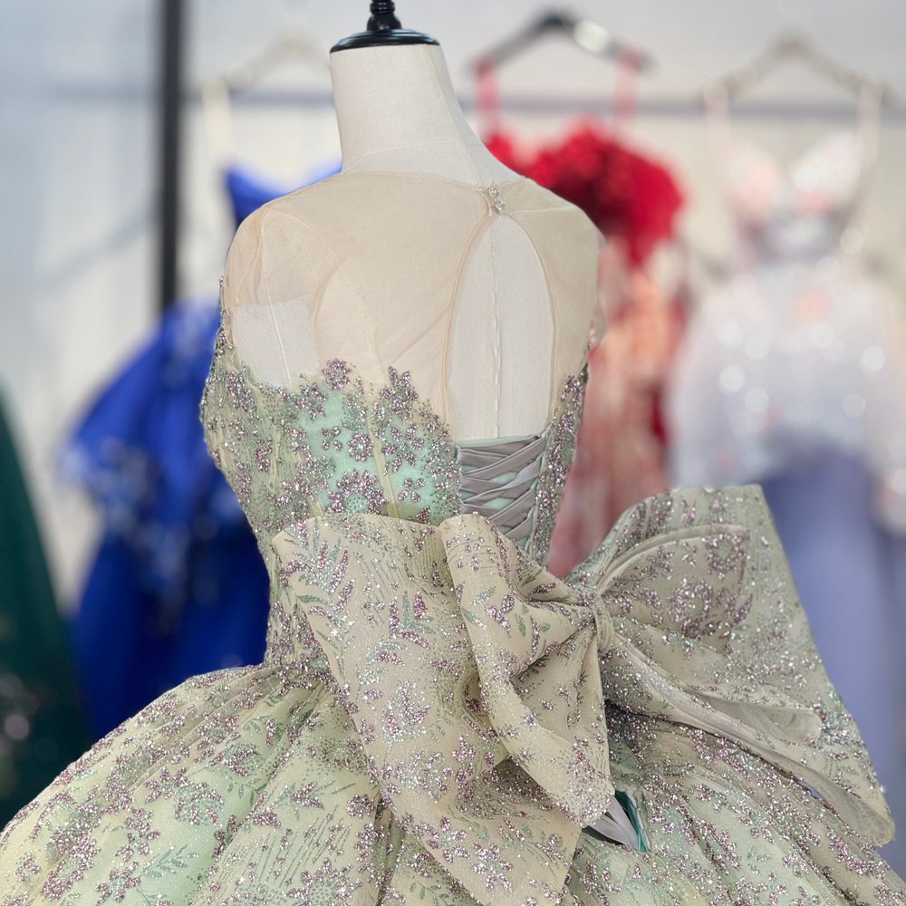 Spectacular Mint Green Sparkly Glitter Big Bow Quinceanera Dress Ball Gown Evening Dresses - Image 4