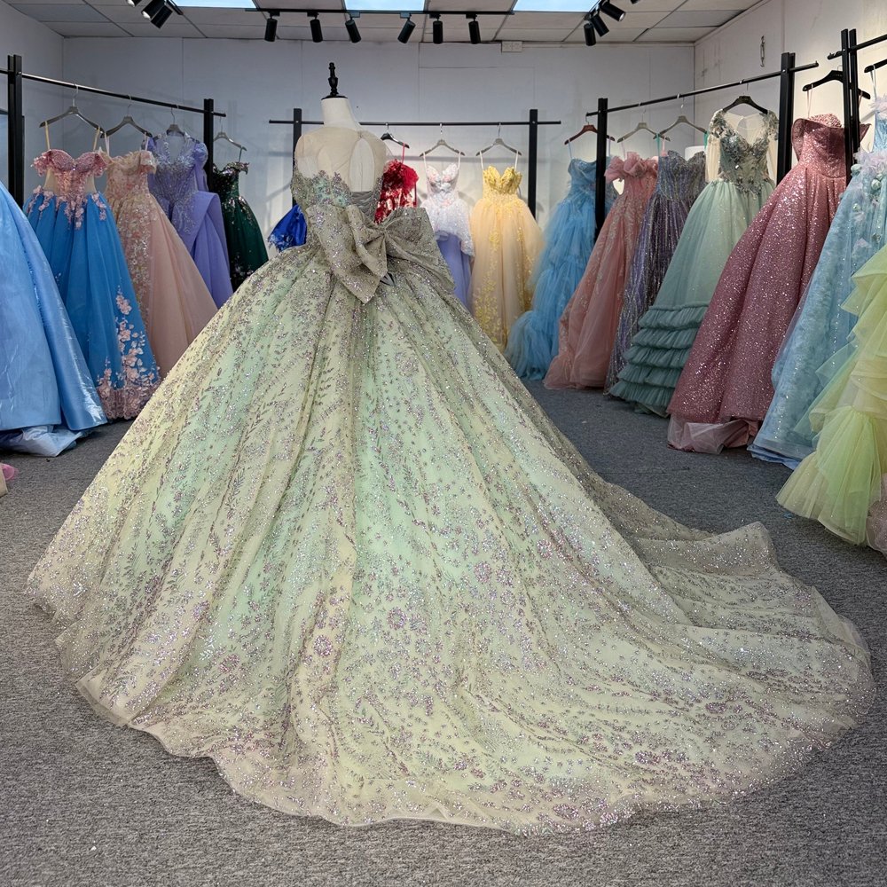 Spectacular Mint Green Sparkly Glitter Big Bow Quinceanera Dress Ball Gown Evening Dresses - Image 6