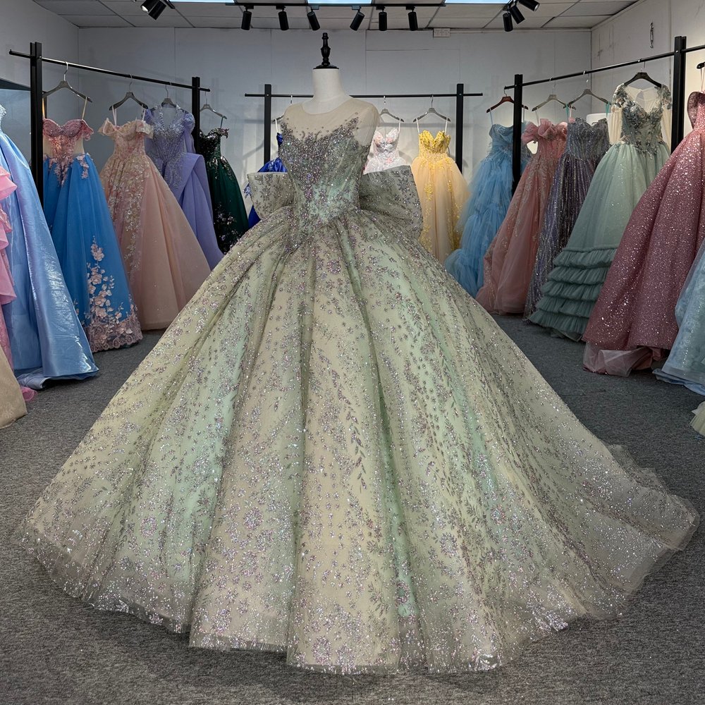 Spectacular Mint Green Sparkly Glitter Big Bow Quinceanera Dress Ball Gown Evening Dresses - Image 5