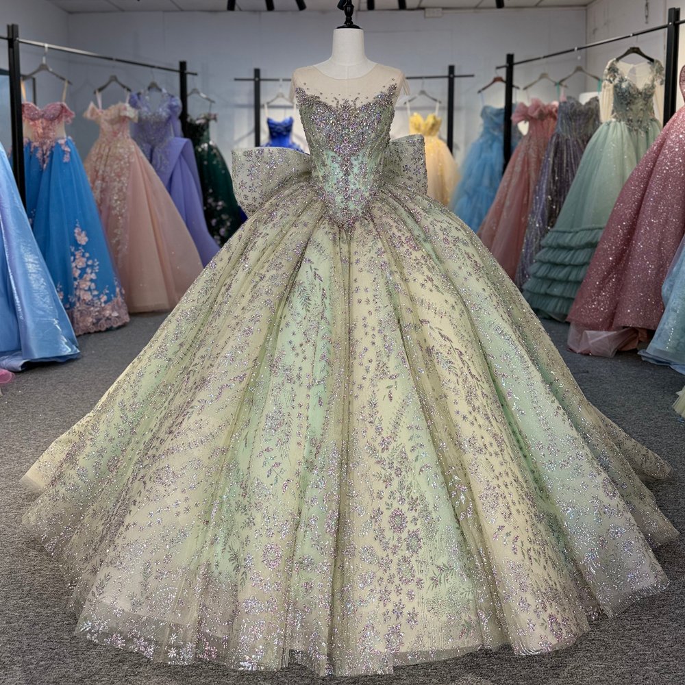 Spectacular Mint Green Sparkly Glitter Big Bow Quinceanera Dress Ball Gown Evening Dresses