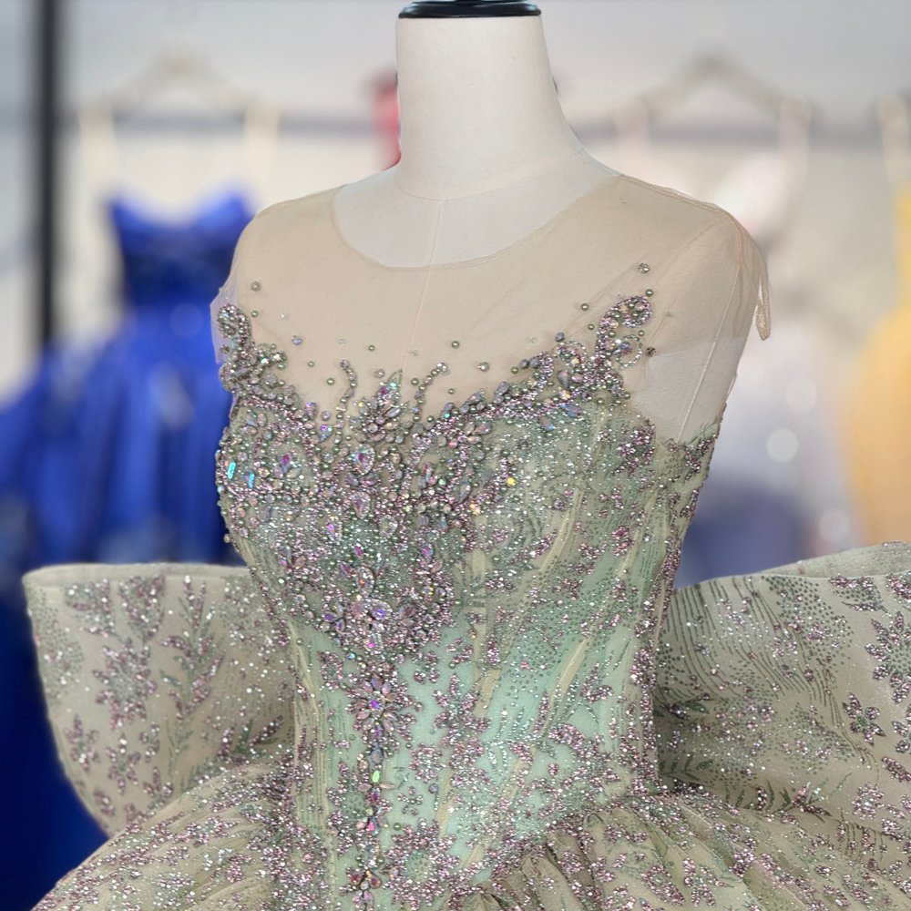Spectacular Mint Green Sparkly Glitter Big Bow Quinceanera Dress Ball Gown Evening Dresses - Image 3
