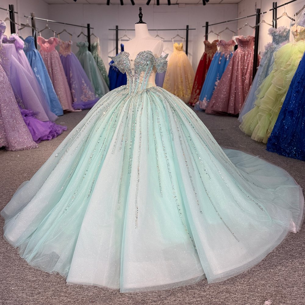 Sparkling Light Green Off Shoulder Sweet 16 Quinceanera Dresses Ball Gown Long Pageant Gown 15th Birthday Princess Dress - Image 5