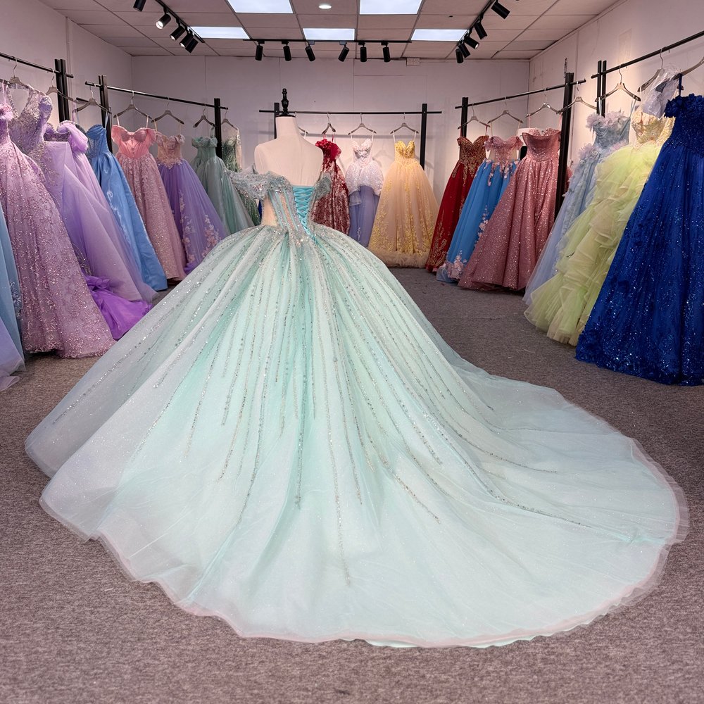 Sparkling Light Green Off Shoulder Sweet 16 Quinceanera Dresses Ball Gown Long Pageant Gown 15th Birthday Princess Dress - Image 6