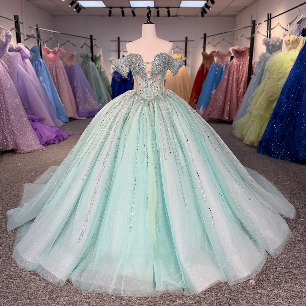 Sparkling Light Green Off Shoulder Sweet 16 Quinceanera Dresses Ball Gown Long Pageant Gown 15th Birthday Princess Dress