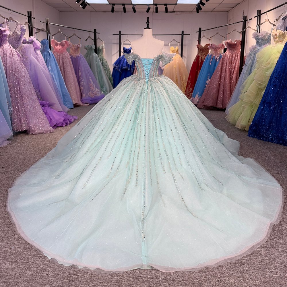 Sparkling Light Green Off Shoulder Sweet 16 Quinceanera Dresses Ball Gown Long Pageant Gown 15th Birthday Princess Dress - Image 2