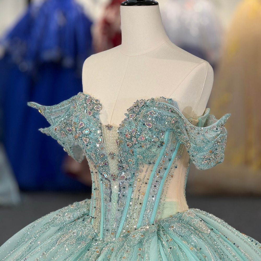 Sparkling Light Green Off Shoulder Sweet 16 Quinceanera Dresses Ball Gown Long Pageant Gown 15th Birthday Princess Dress - Image 3