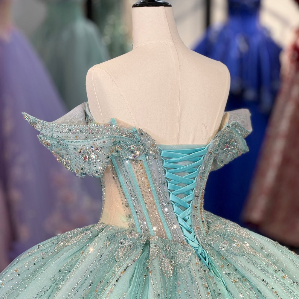 Sparkling Light Green Off Shoulder Sweet 16 Quinceanera Dresses Ball Gown Long Pageant Gown 15th Birthday Princess Dress - Image 4