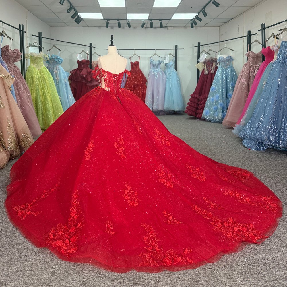 Exquisite Red Glitter Off Shoulder Quinceanera Dresses Appliques Long Train Ball Gown 15th Birthday Princess Dress - Image 6