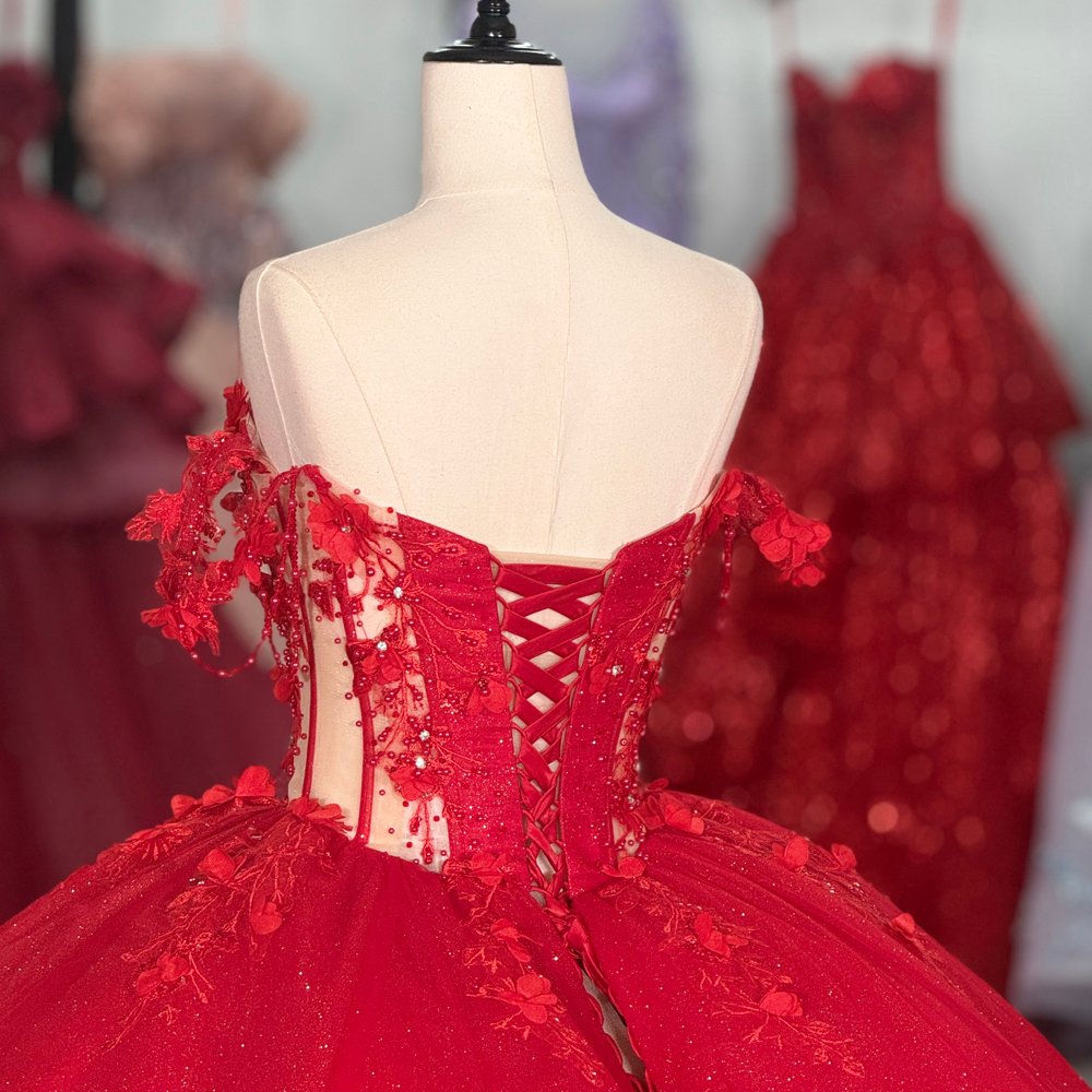 Exquisite Red Glitter Off Shoulder Quinceanera Dresses Appliques Long Train Ball Gown 15th Birthday Princess Dress - Image 4