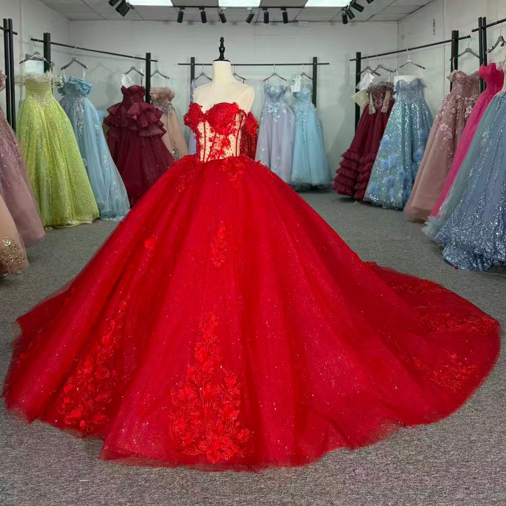 Exquisite Red Glitter Off Shoulder Quinceanera Dresses Appliques Long Train Ball Gown 15th Birthday Princess Dress - Image 5