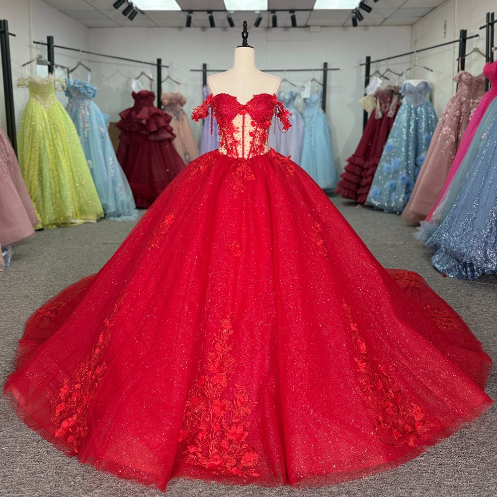 Exquisite Red Glitter Off Shoulder Quinceanera Dresses Appliques Long Train Ball Gown 15th Birthday Princess Dress