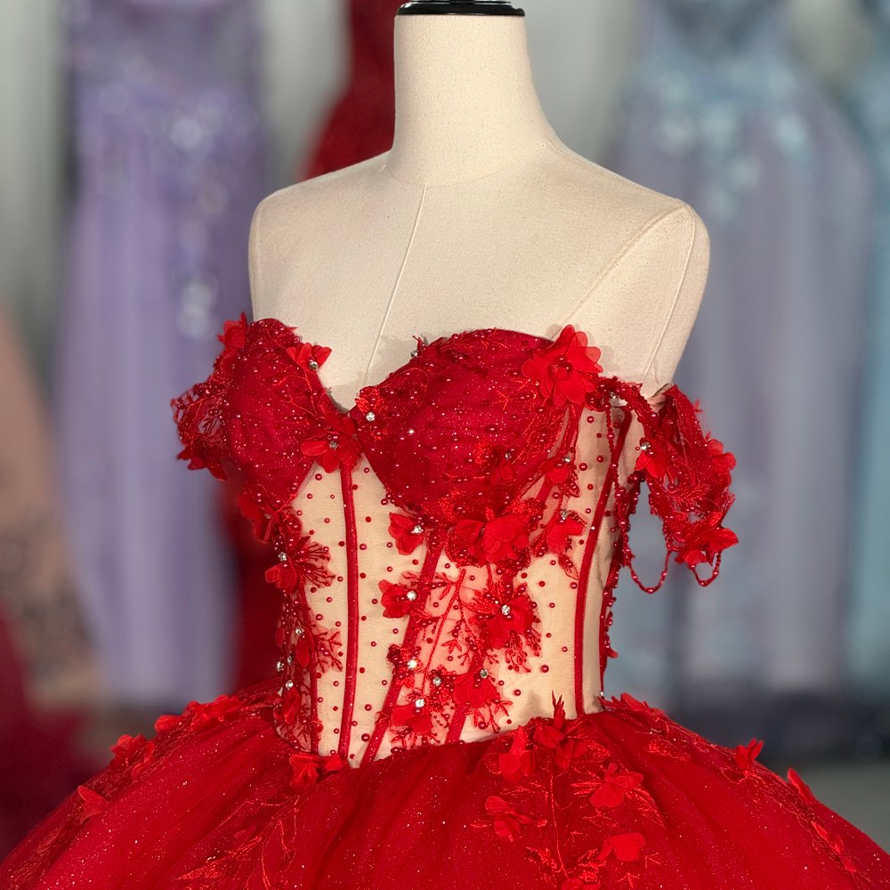 Exquisite Red Glitter Off Shoulder Quinceanera Dresses Appliques Long Train Ball Gown 15th Birthday Princess Dress - Image 3