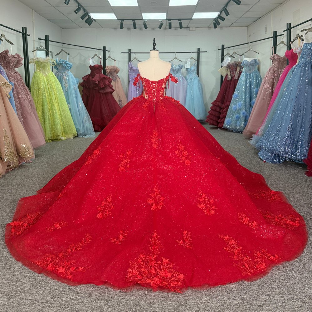 Exquisite Red Glitter Off Shoulder Quinceanera Dresses Appliques Long Train Ball Gown 15th Birthday Princess Dress - Image 2