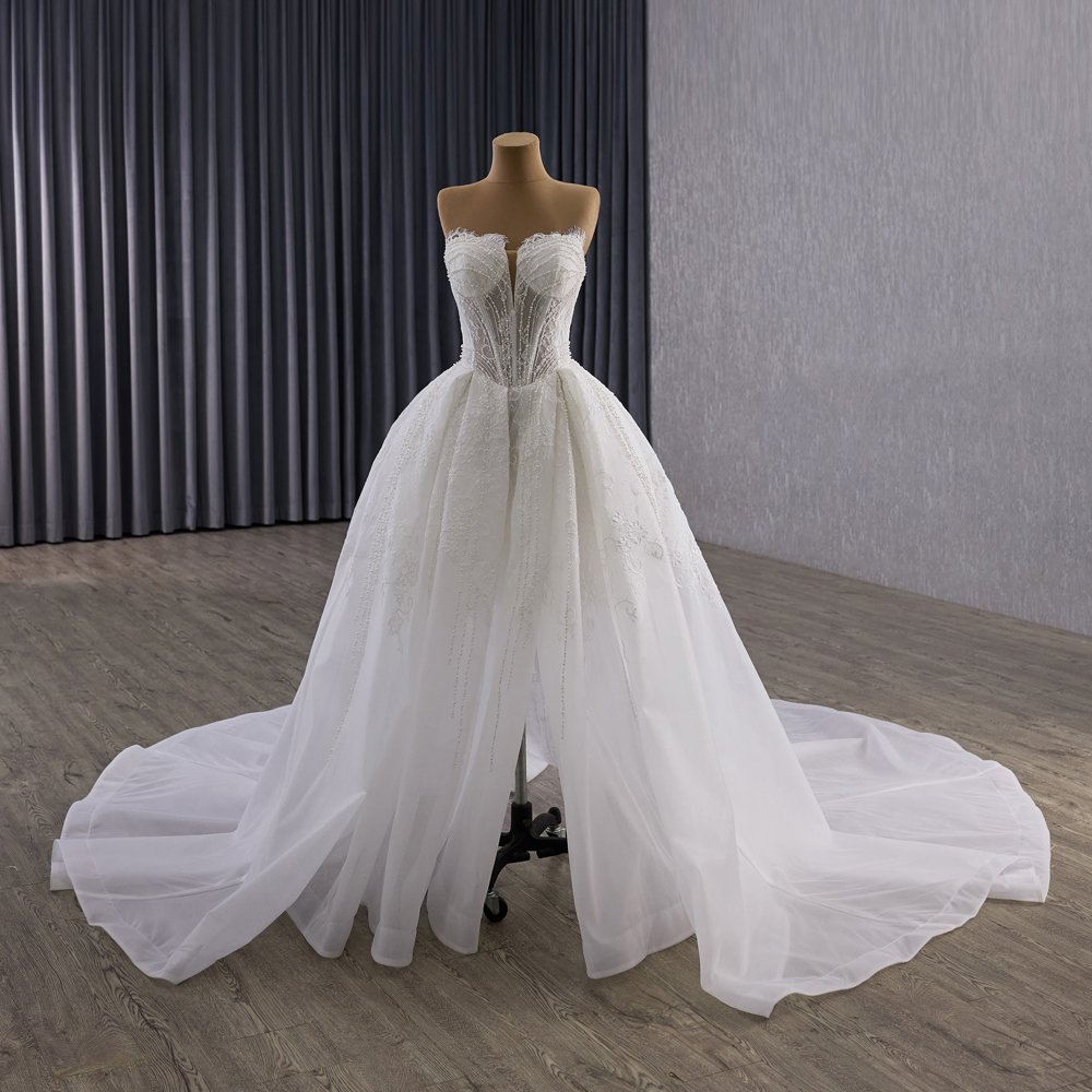 Gorgeous Strapless White Beaded A-Line Wedding Dress Long Trailing Gown Bridal Dress