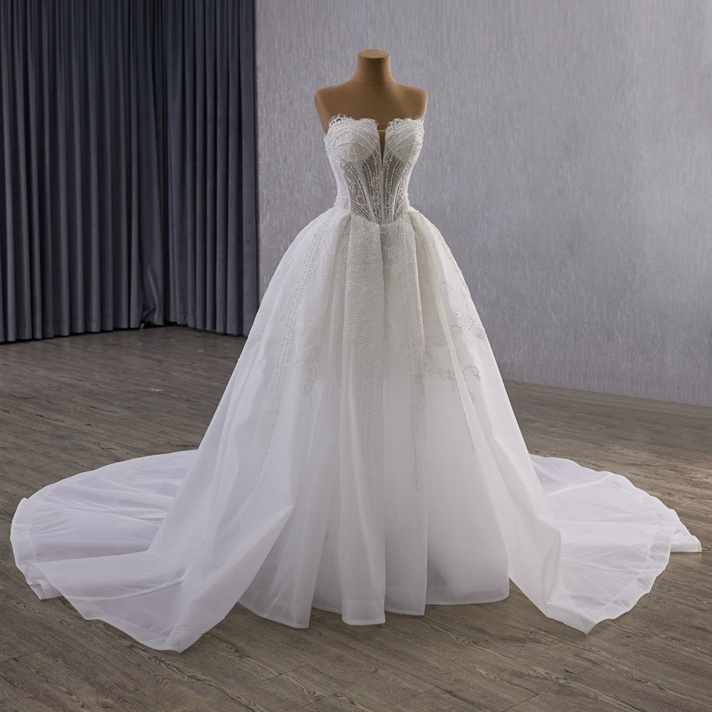 Gorgeous Strapless White Beaded A-Line Wedding Dress Long Trailing Gown Bridal Dress - Image 5