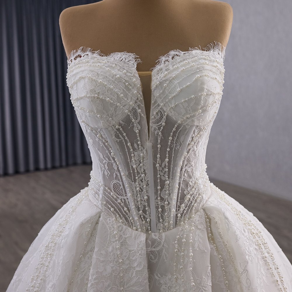Gorgeous Strapless White Beaded A-Line Wedding Dress Long Trailing Gown Bridal Dress - Image 3