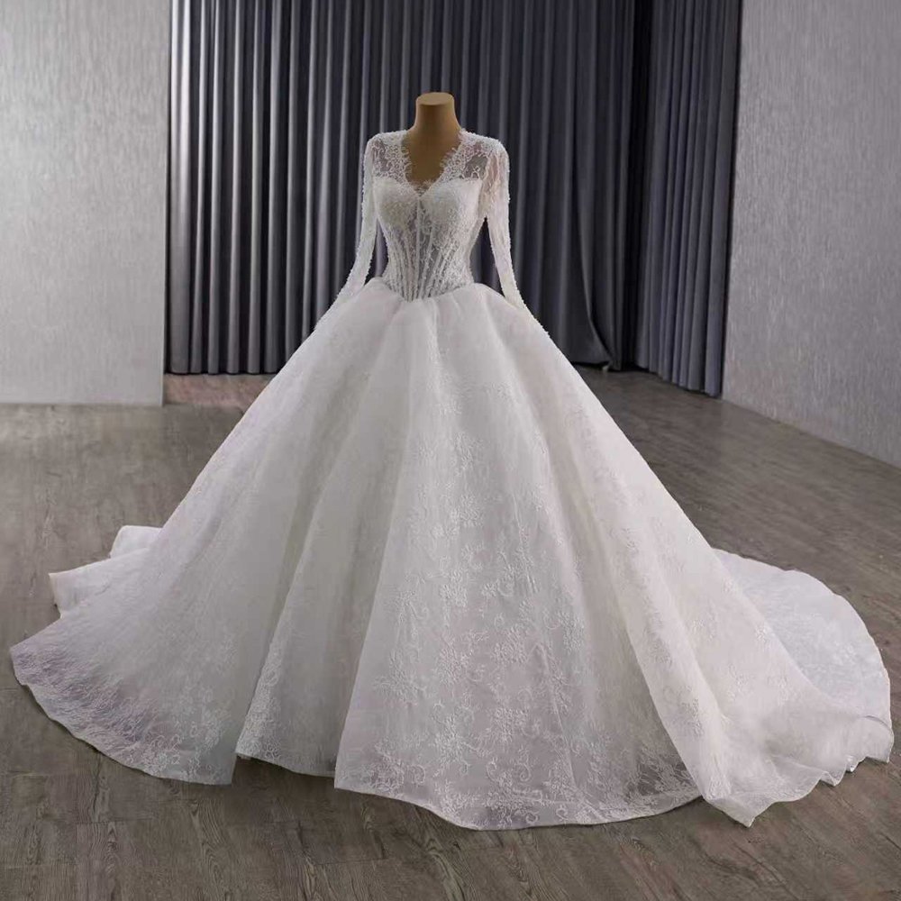 Luxury Beaded White Lace Ball Gown Wedding Dress Long Sleeve Gown Bridal Dress - Image 5