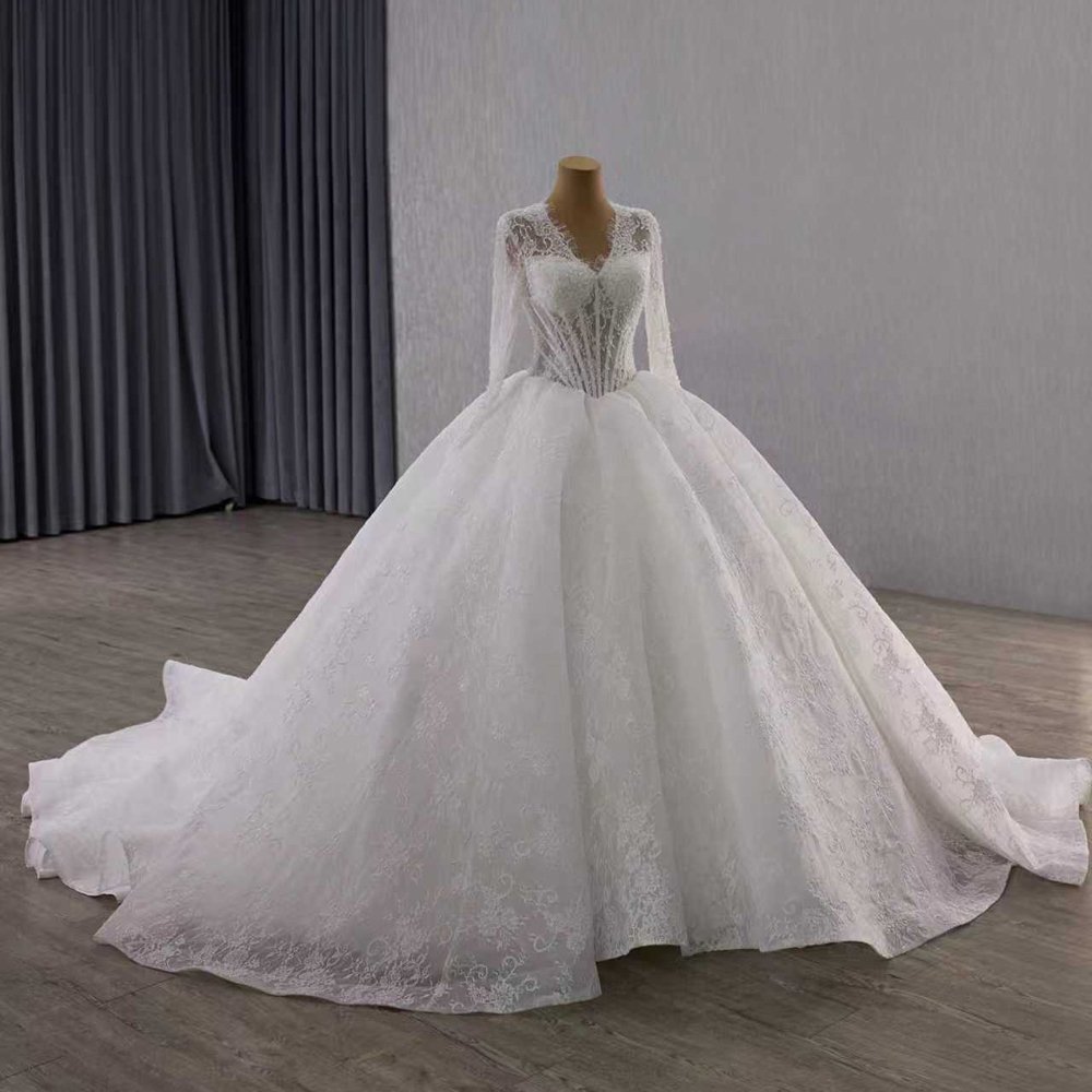 Luxury Beaded White Lace Ball Gown Wedding Dress Long Sleeve Gown Bridal Dress - Image 7