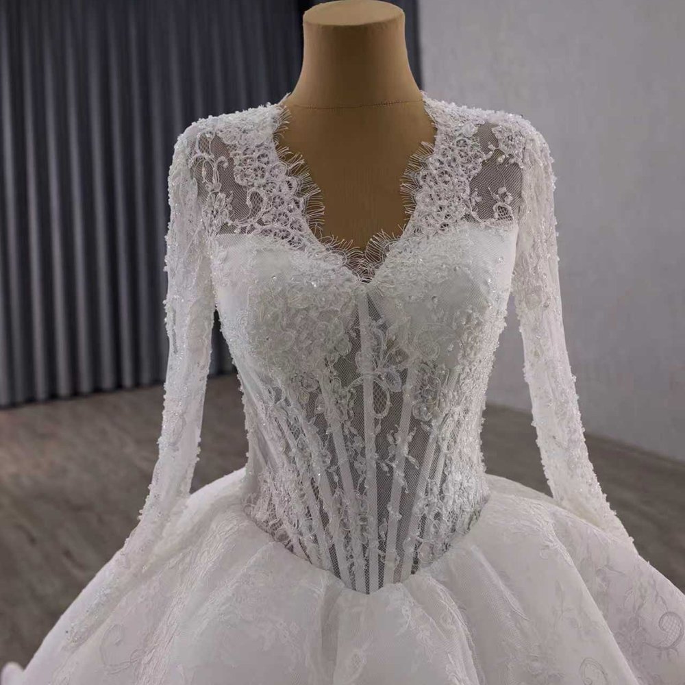 Luxury Beaded White Lace Ball Gown Wedding Dress Long Sleeve Gown Bridal Dress - Image 3
