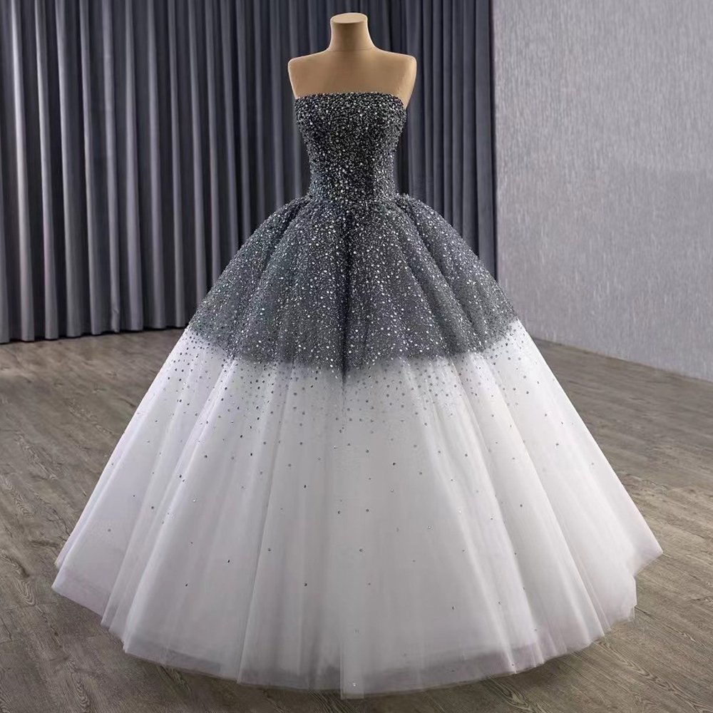 Luxury Sequined Gray Ombre Strapless Ball Gown Wedding Dress Long Trailing Gown Bridal Dress