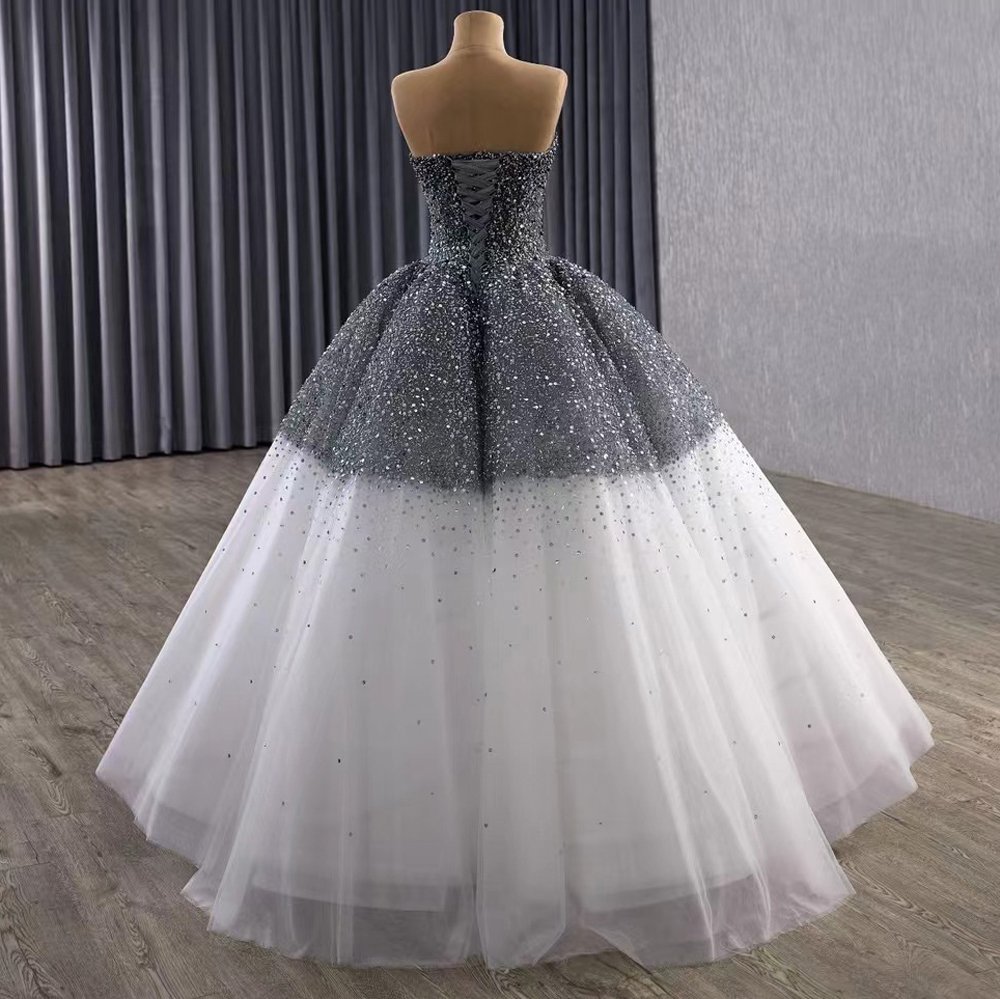 Luxury Sequined Gray Ombre Strapless Ball Gown Wedding Dress Long Trailing Gown Bridal Dress - Image 2