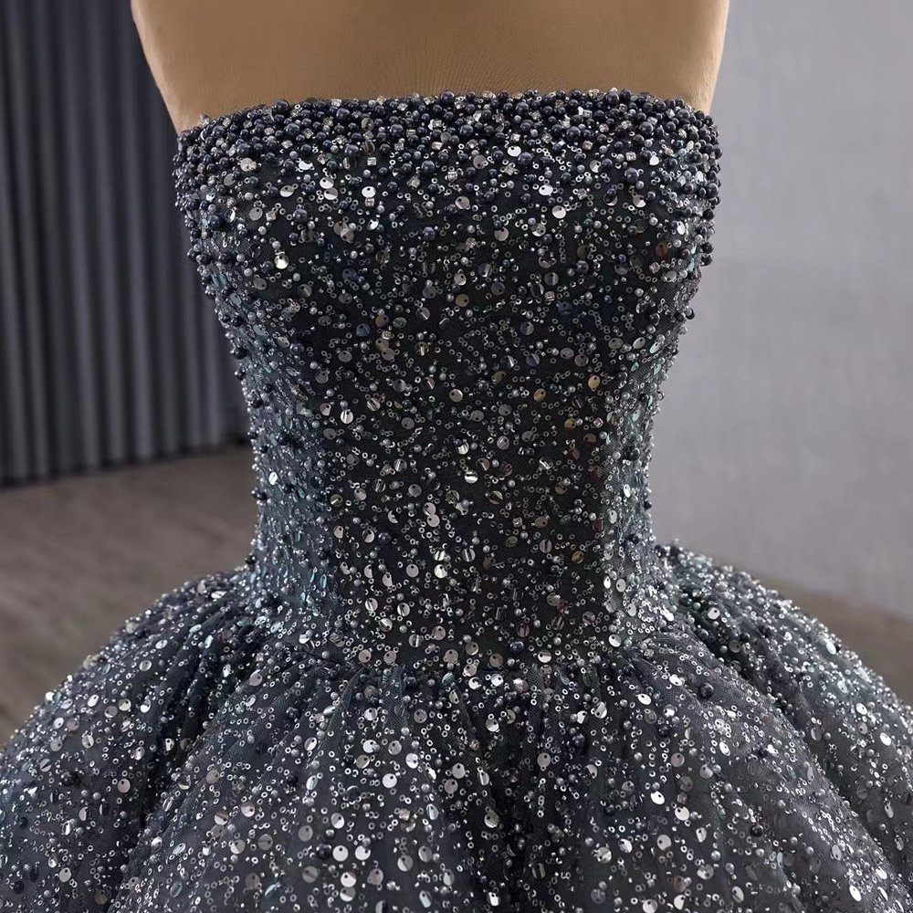 Luxury Sequined Gray Ombre Strapless Ball Gown Wedding Dress Long Trailing Gown Bridal Dress - Image 3