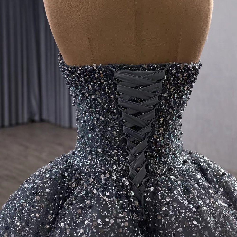 Luxury Sequined Gray Ombre Strapless Ball Gown Wedding Dress Long Trailing Gown Bridal Dress - Image 4