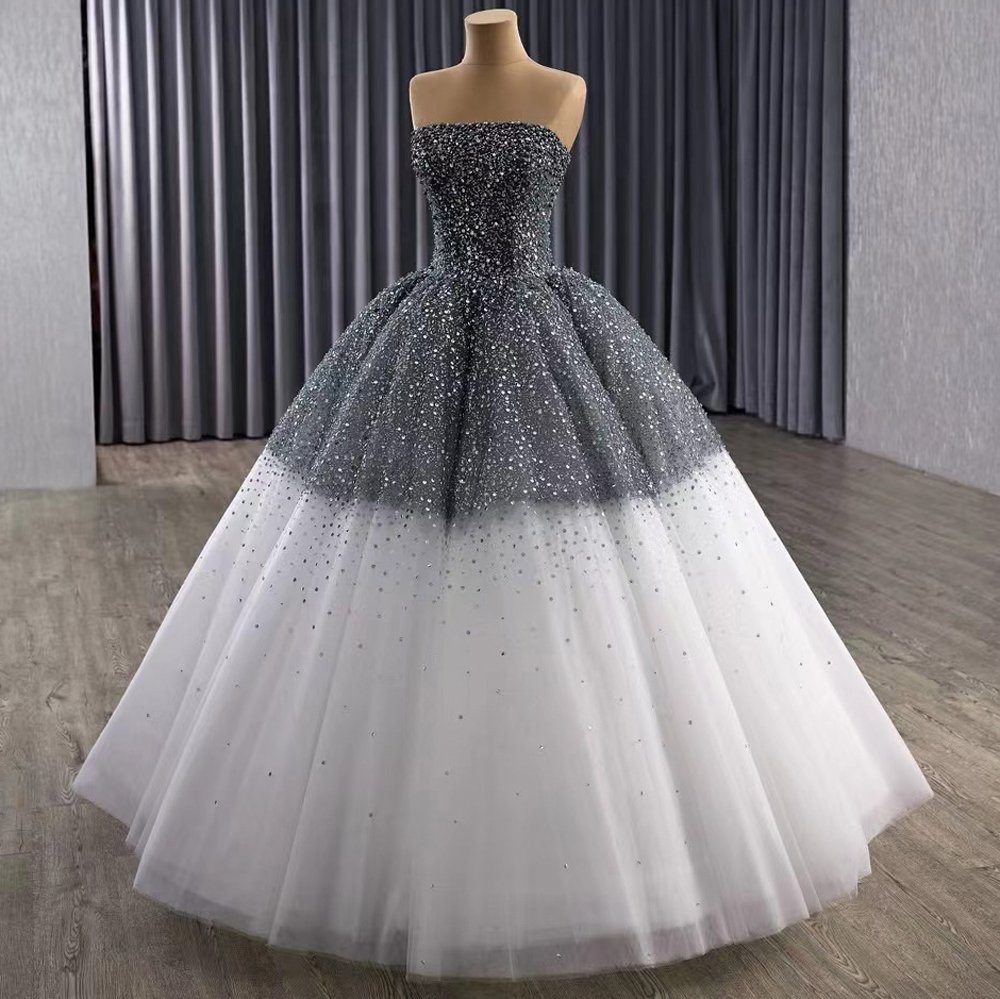 Luxury Sequined Gray Ombre Strapless Ball Gown Wedding Dress Long Trailing Gown Bridal Dress - Image 5