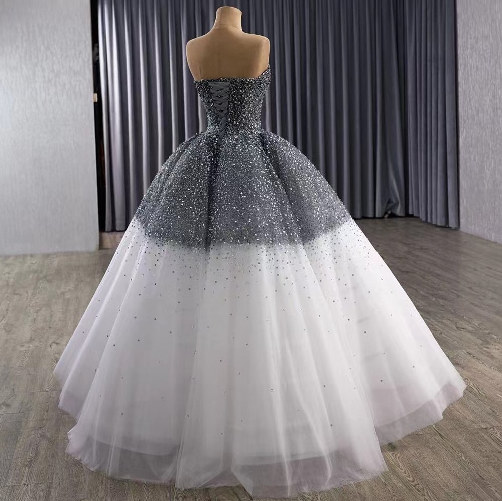 Luxury Sequined Gray Ombre Strapless Ball Gown Wedding Dress Long Trailing Gown Bridal Dress - Image 6