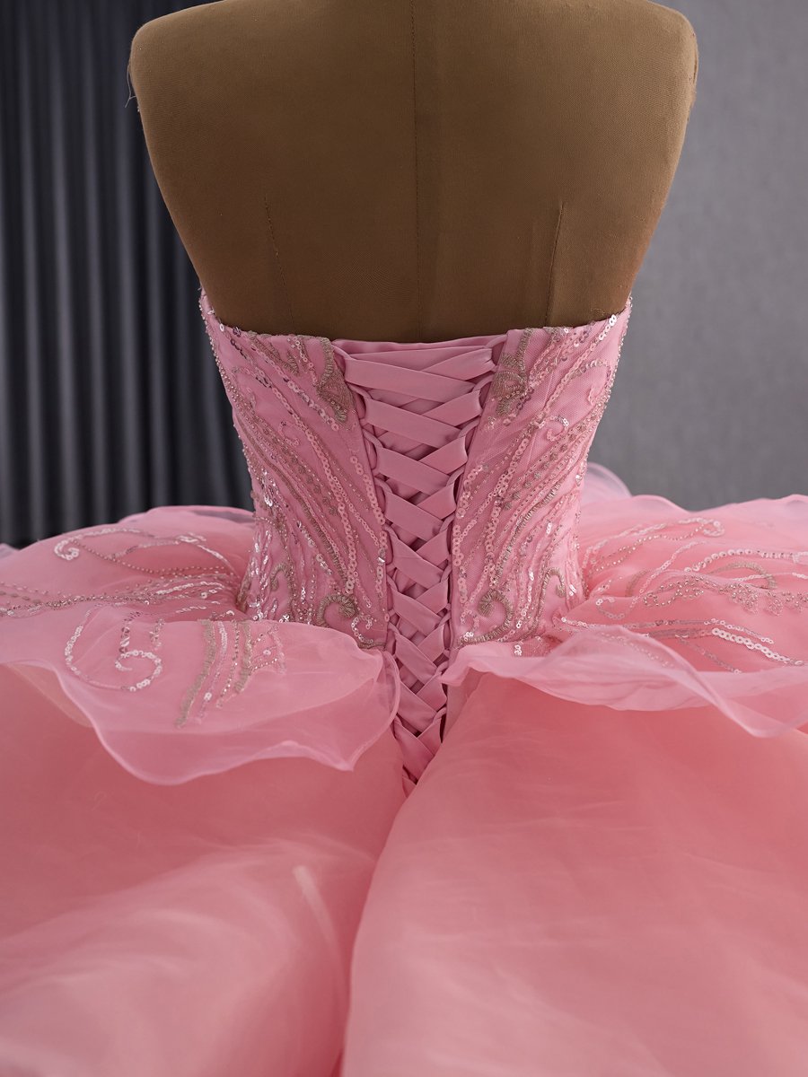 Luxury Pink Ruffle Organza Quinceanera Dresses Sweetheart Ball Gown Sequins Embroidery Glinda Dress 15th Birthday Party Gown - Image 4