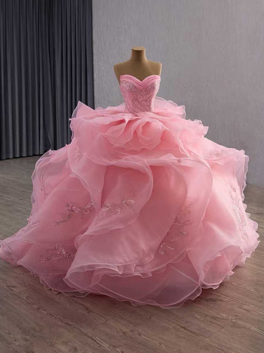 Luxury Pink Ruffle Organza Quinceanera Dresses Sweetheart Ball Gown Sequins Embroidery Glinda Dress 15th Birthday Party Gown - Image 6