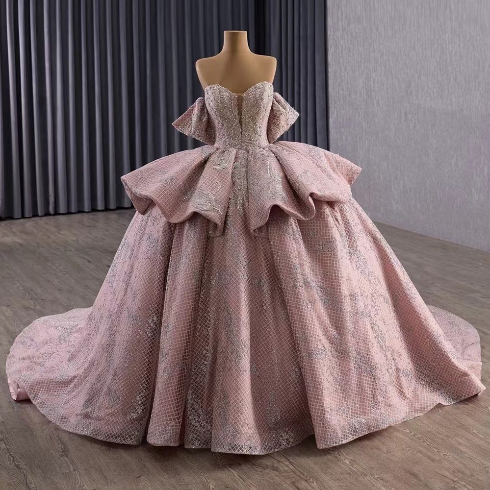 Magnificent Sparkle Pink Off Shoulder Ball Gown Evening Dress Long Train Dress Prom Dress - Image 6