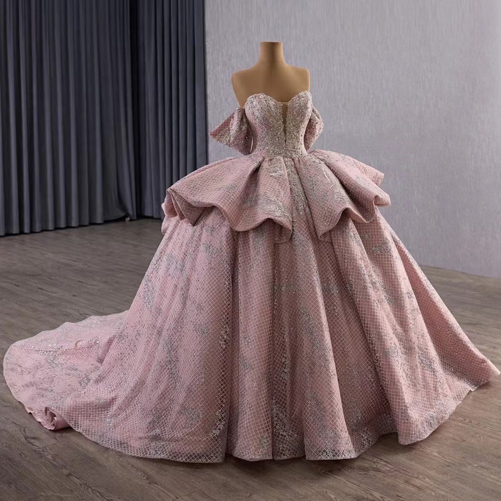 Magnificent Sparkle Pink Off Shoulder Ball Gown Evening Dress Long Train Dress Prom Dress - Image 7