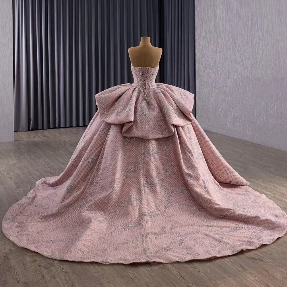 Magnificent Sparkle Pink Off Shoulder Ball Gown Evening Dress Long Train Dress Prom Dress - Image 2