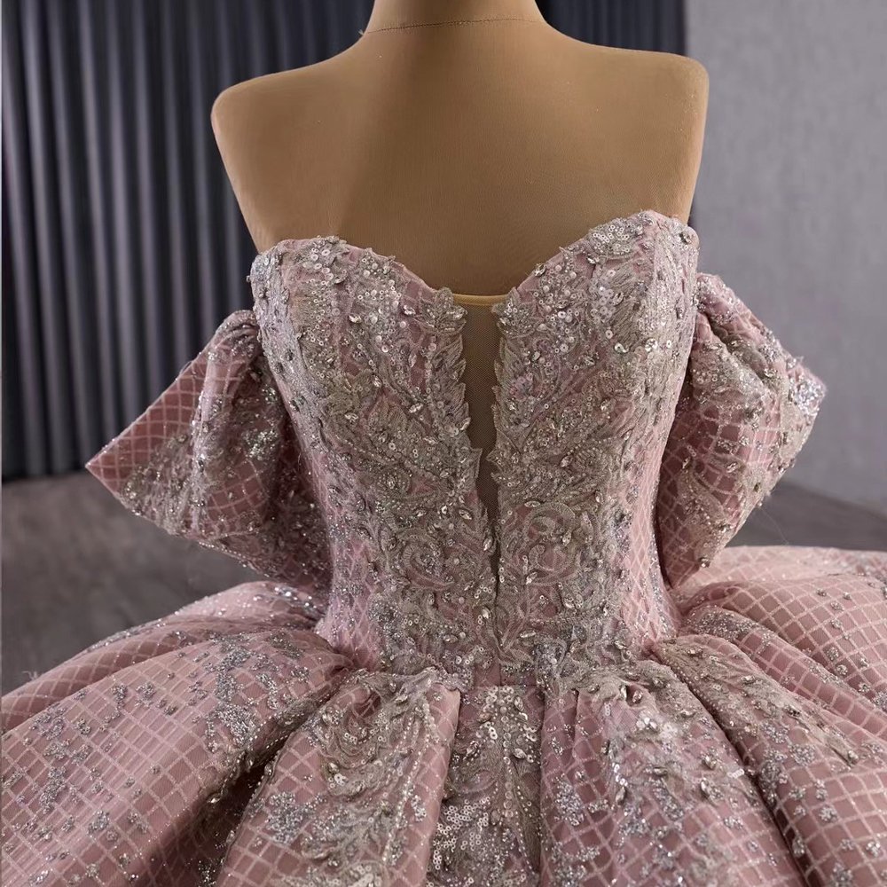 Magnificent Sparkle Pink Off Shoulder Ball Gown Evening Dress Long Train Dress Prom Dress - Image 3