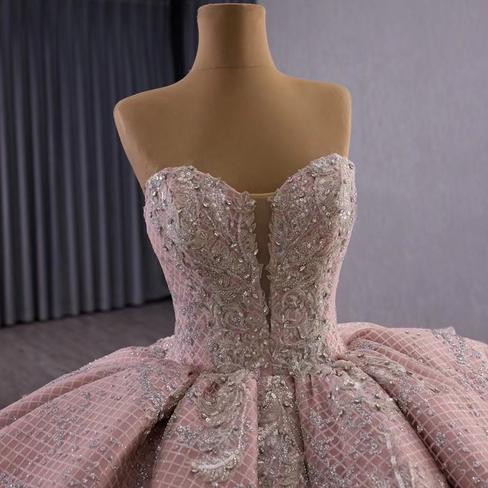 Magnificent Sparkle Pink Off Shoulder Ball Gown Evening Dress Long Train Dress Prom Dress - Image 4