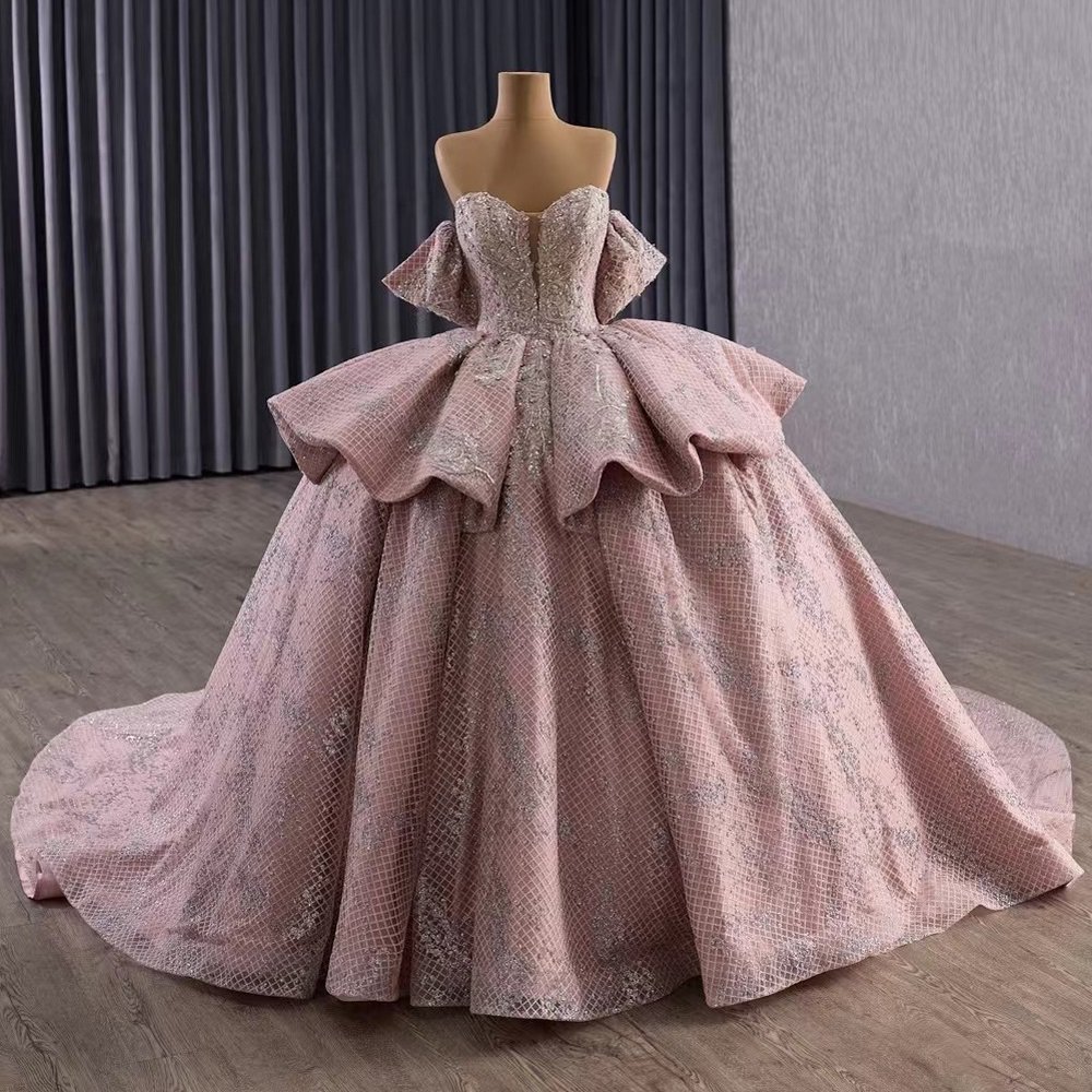 Magnificent Sparkle Pink Off Shoulder Ball Gown Evening Dress Long Train Dress Prom Dress