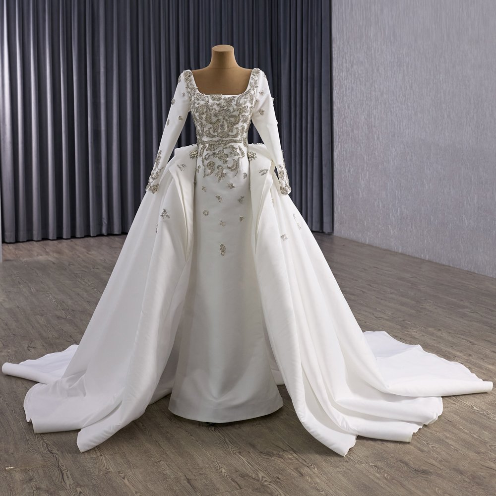 Classic Satin Ivory Beaded Ball Gown Wedding Dress Long Sleeve Gown Bridal Dress