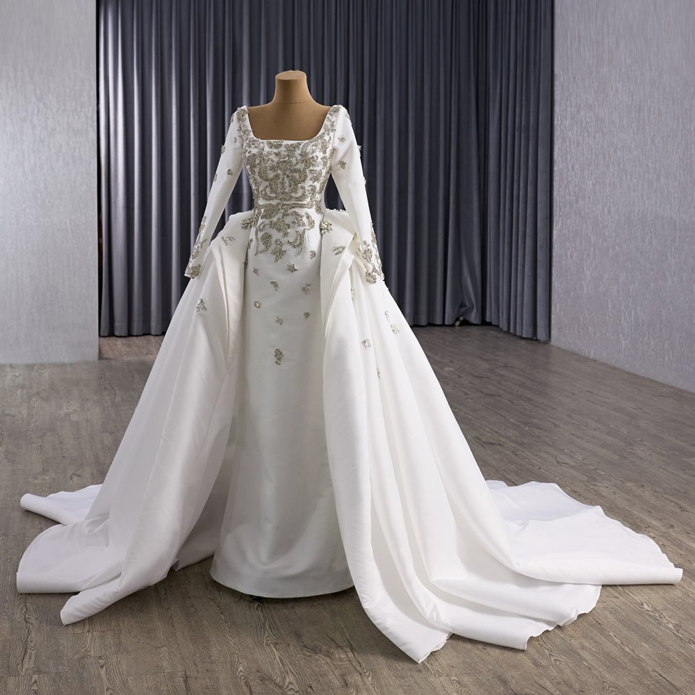 Classic Satin Ivory Beaded Ball Gown Wedding Dress Long Sleeve Gown Bridal Dress - Image 5