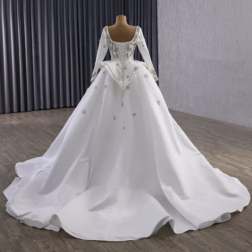 Classic Satin Ivory Beaded Ball Gown Wedding Dress Long Sleeve Gown Bridal Dress - Image 2