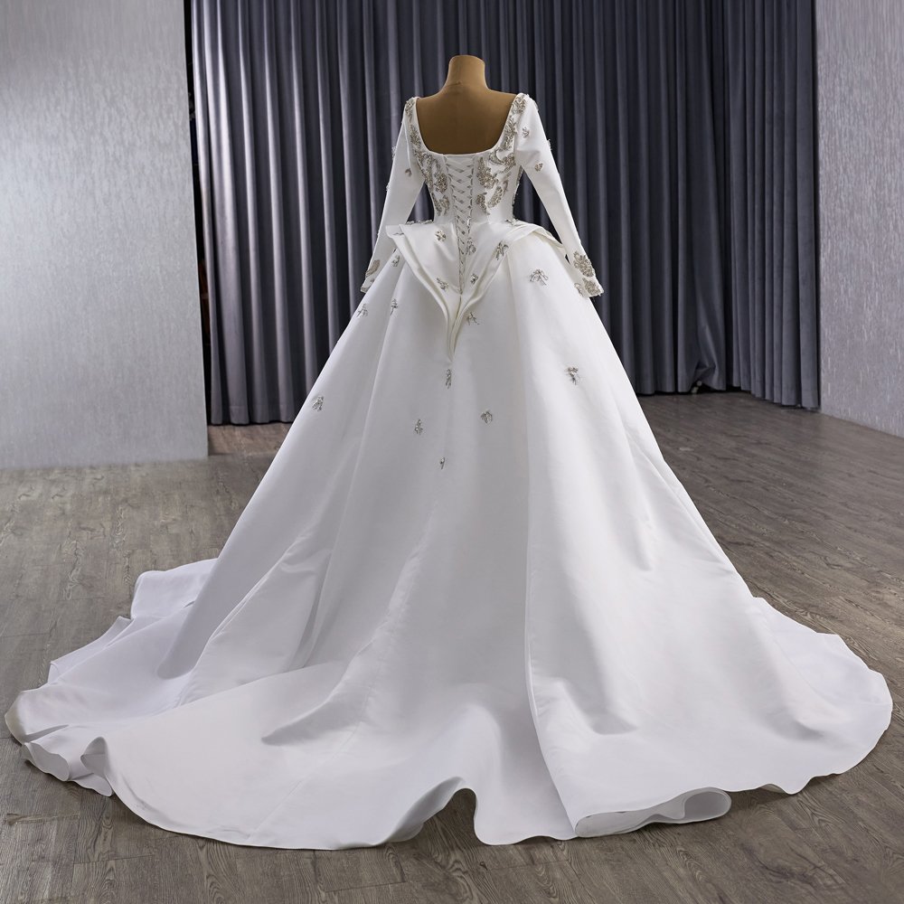 Classic Satin Ivory Beaded Ball Gown Wedding Dress Long Sleeve Gown Bridal Dress - Image 6