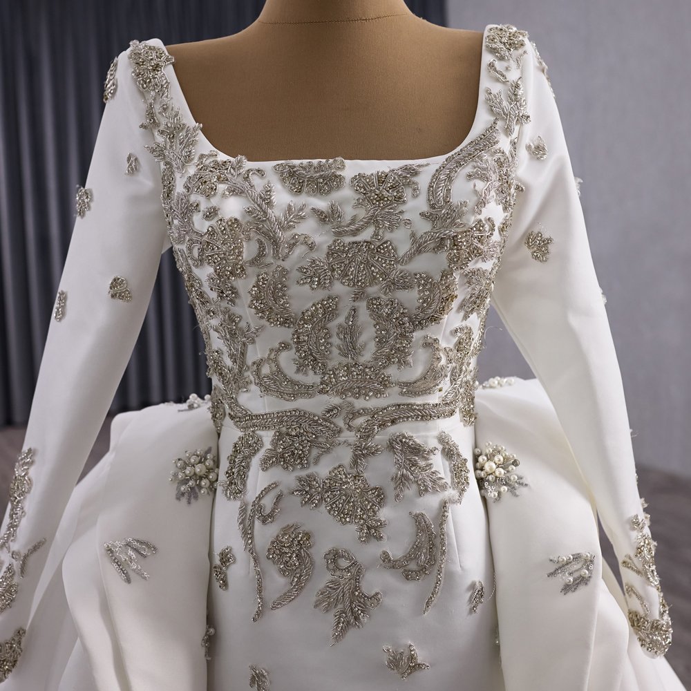 Classic Satin Ivory Beaded Ball Gown Wedding Dress Long Sleeve Gown Bridal Dress - Image 3