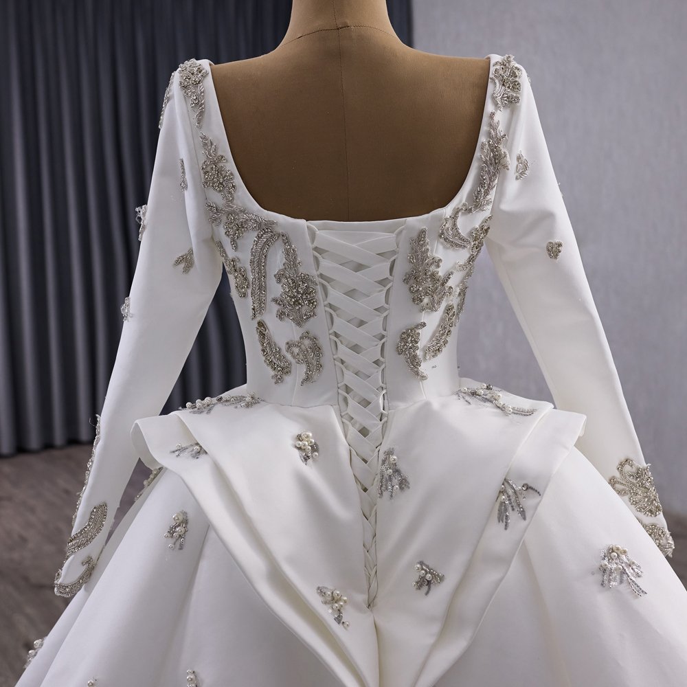 Classic Satin Ivory Beaded Ball Gown Wedding Dress Long Sleeve Gown Bridal Dress - Image 4