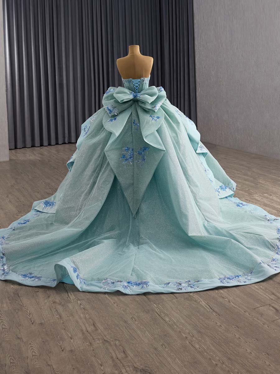 Sparkling Sky Blue Evening Dress Strapless Applique Big Bow Gown Glitter Princess Party - Image 2