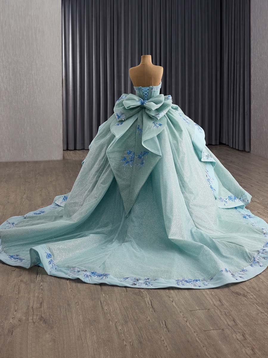 Sparkling Sky Blue Evening Dress Strapless Applique Big Bow Gown Glitter Princess Party - Image 6